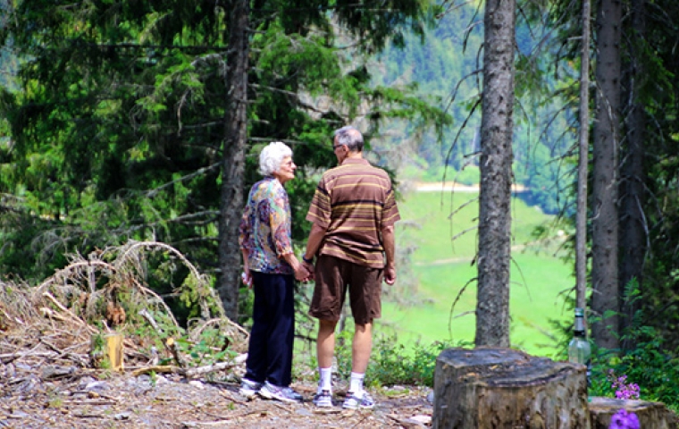 Twee senioren wandelen hand in hand door het bos
